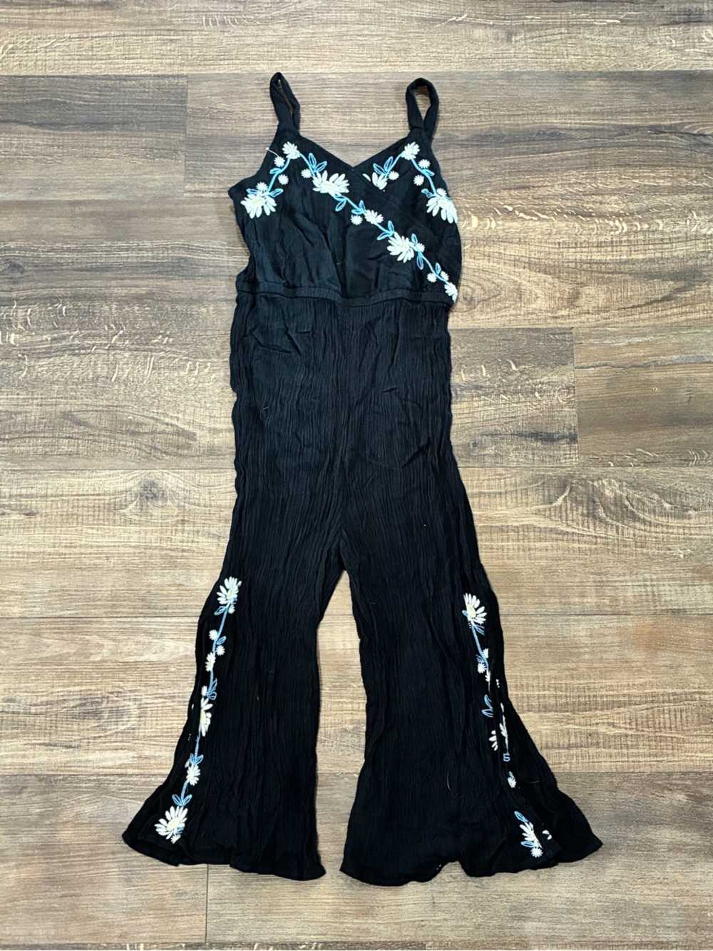 Justice Girls Crinkle Crepe Textured Black Cami Jumpsuit with Floral Embroidery